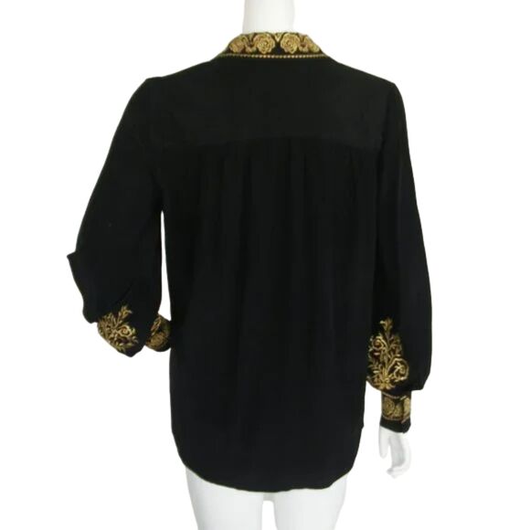 DIANE von FURSTENBERG Silk Blouse, XS, Black, Gold Embroidery, button front - Picture 6 of 10